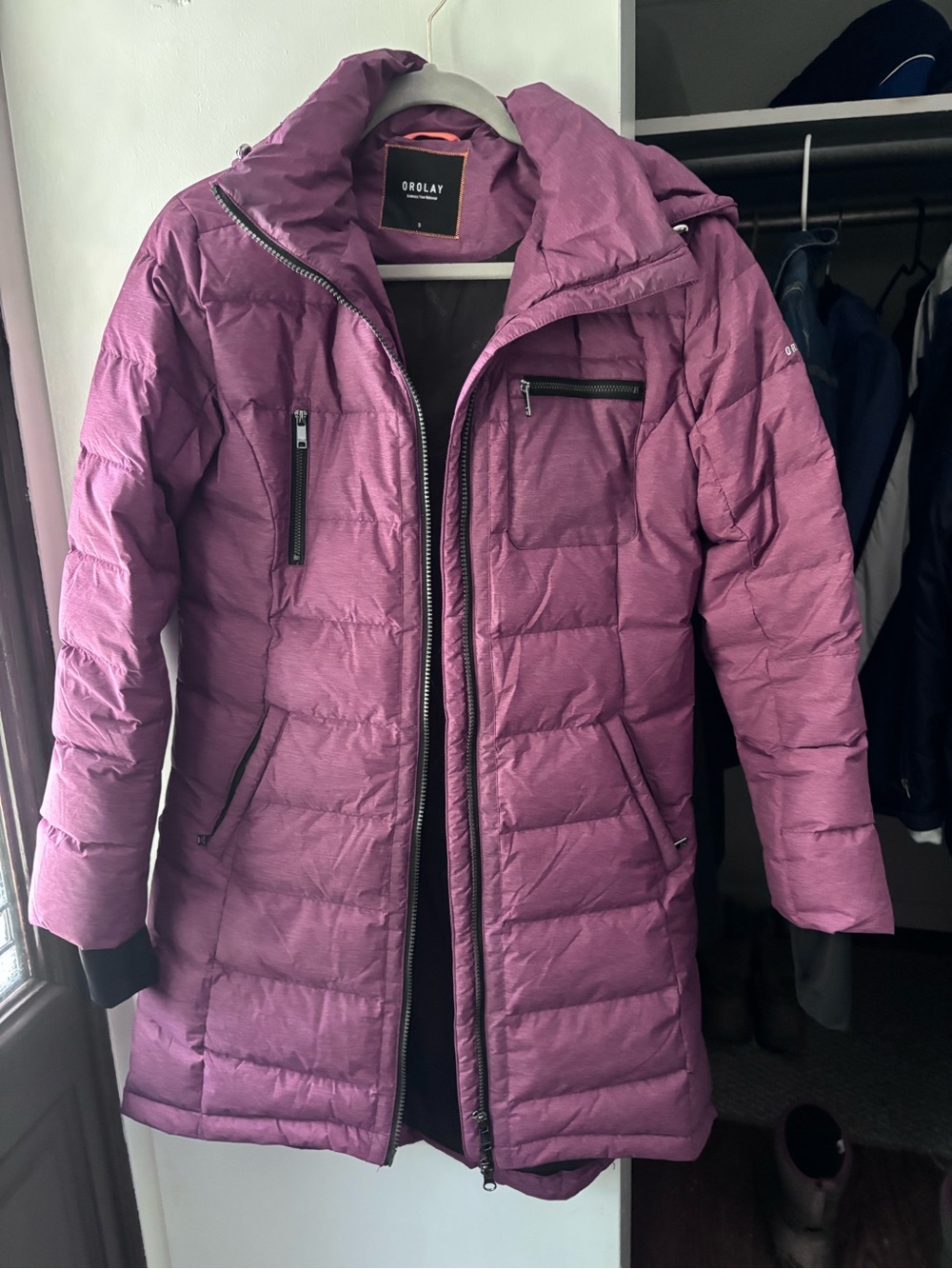 Orolay Women's Quilted Long Purple Puffer Coat with Hood